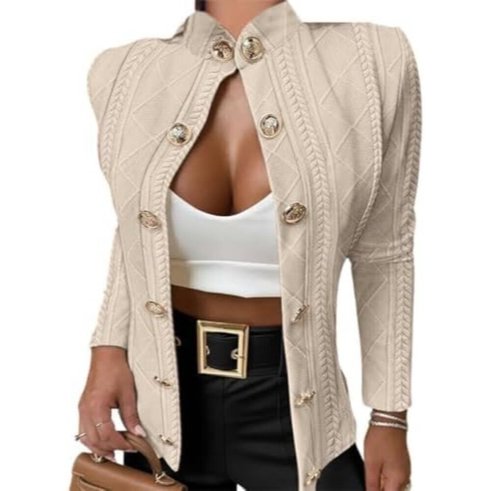 Women Argyle Cable Cardigan Cropped Lightweight Fall Jacket Long Sleeve
